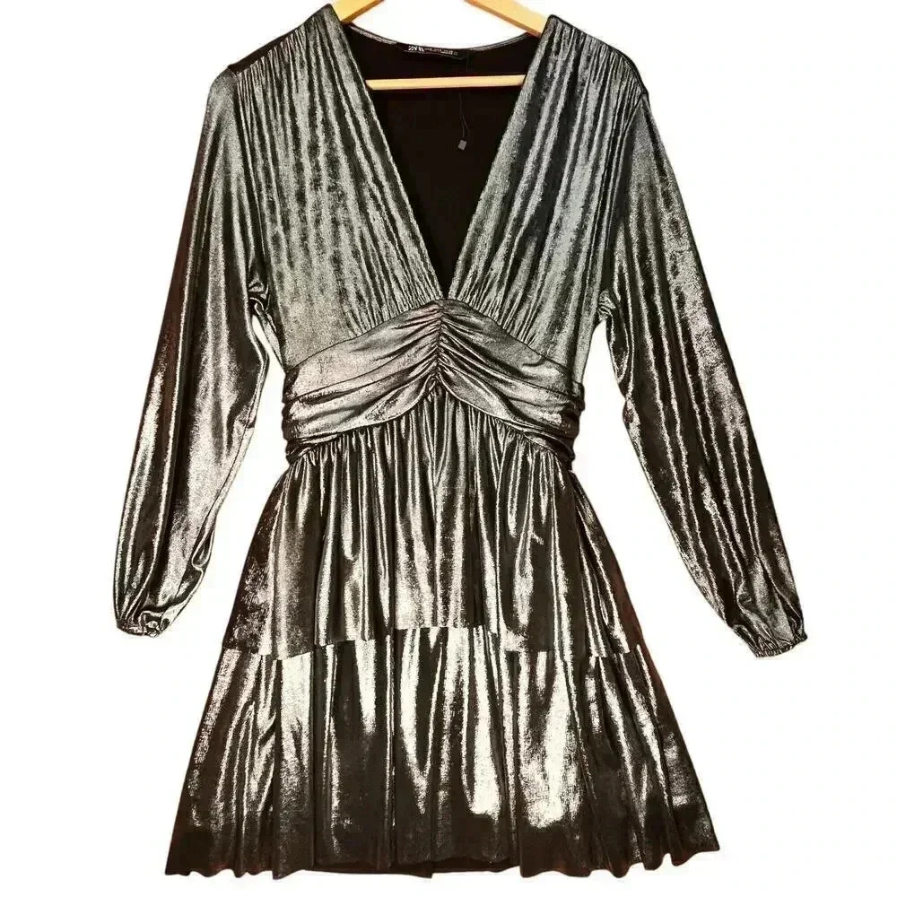 Zara Metallic‎ Mini Dress Long Sleeve Tiered Party Cocktail Silver Size S